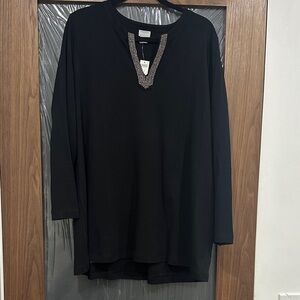 Chico's Black Long-Sleeve Tunic with Metallic Beaded V-Notch